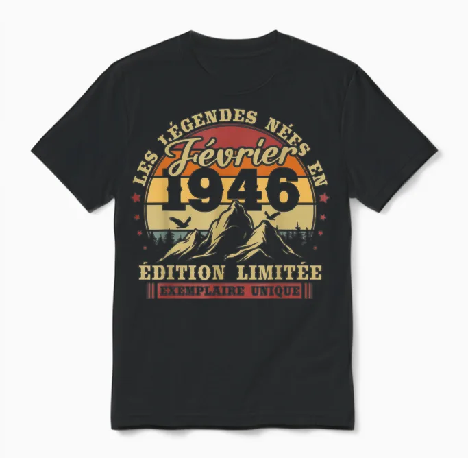 Vintage Février 1946 Rétro Anniversaire 80 Ans Hommes Femmes Unisex T-Shirt in Black