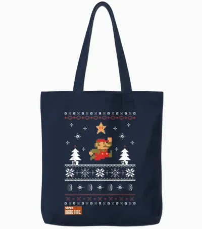 Nintendo Super Mario Christmas Star Pixels Graphic Tote Bags - Navy