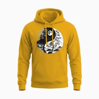 Black and White Yin Yang Symbol on Nature Taijitu Yin Yang T-Shirt, Black Unisex Hoodie - Gold