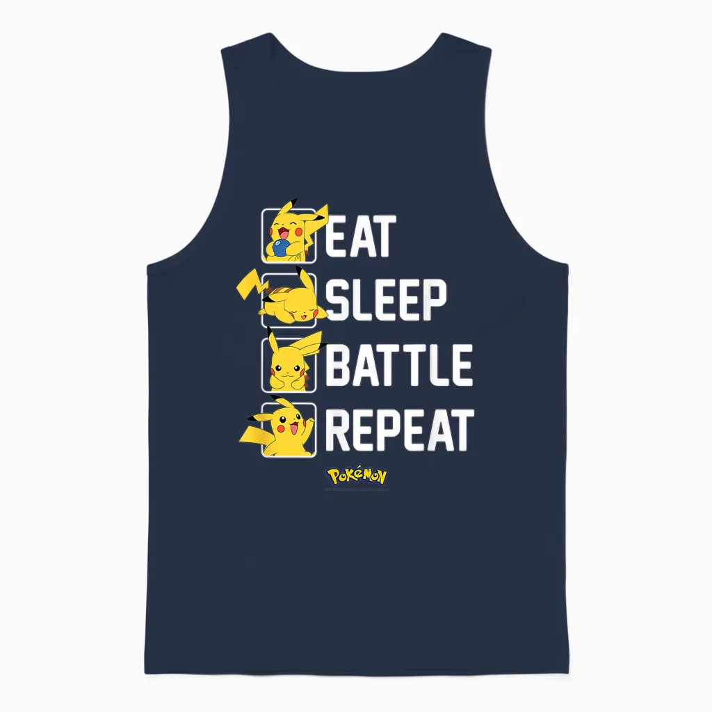 Pokémon - Eat Sleep Battle Repeat Pikachu Unisex Tank Top in Navy