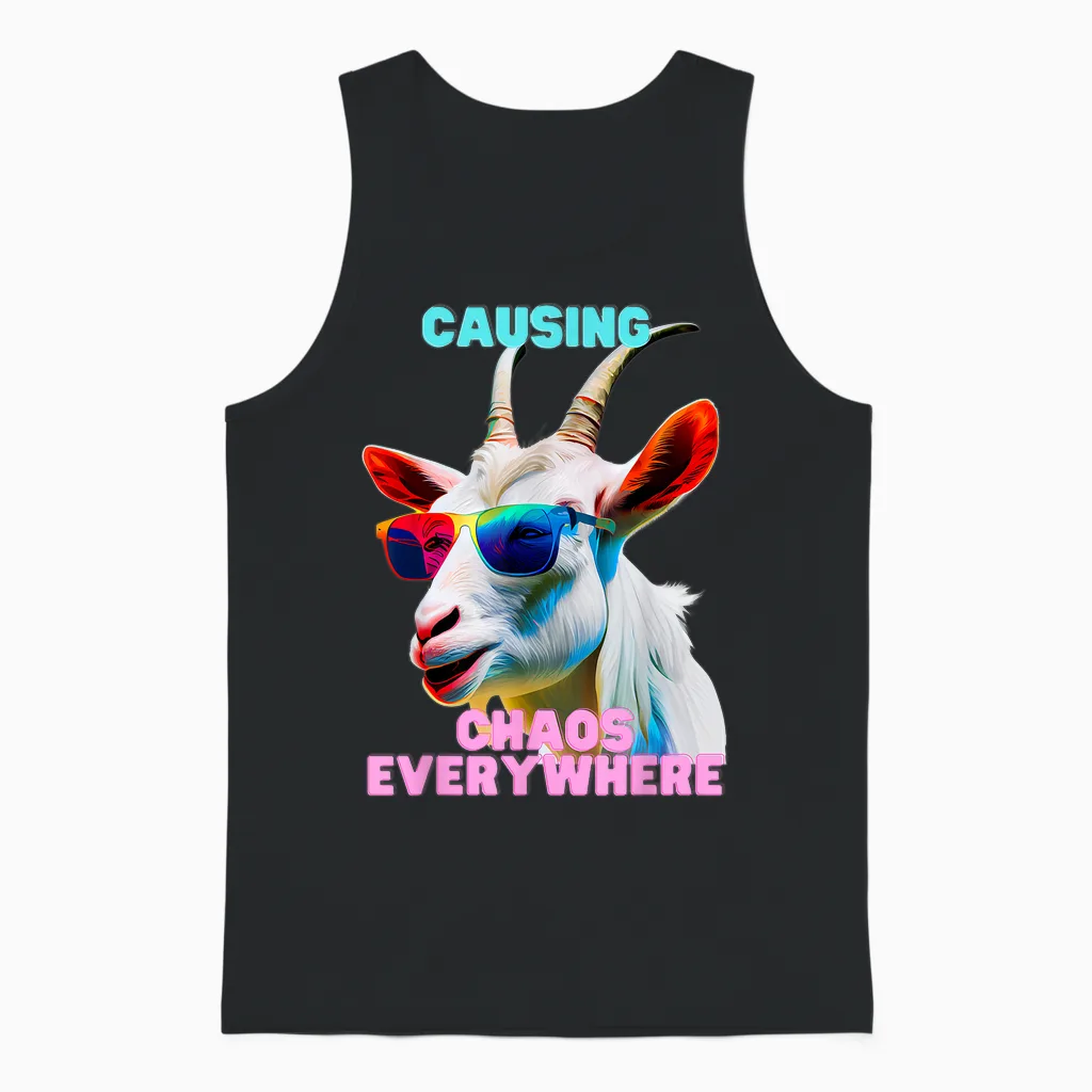 Causing Chaos Everywhere, Exciting, Funny Crazy Goat Unisex Tank Top in Black