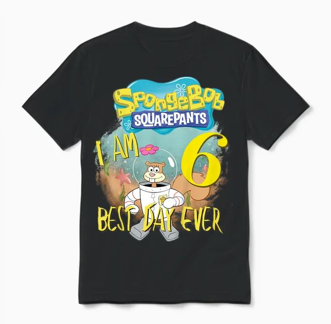 Kids Original Spongebob Square Pants - 6th Birthday Sandy Cheeks Unisex T-Shirt in Black