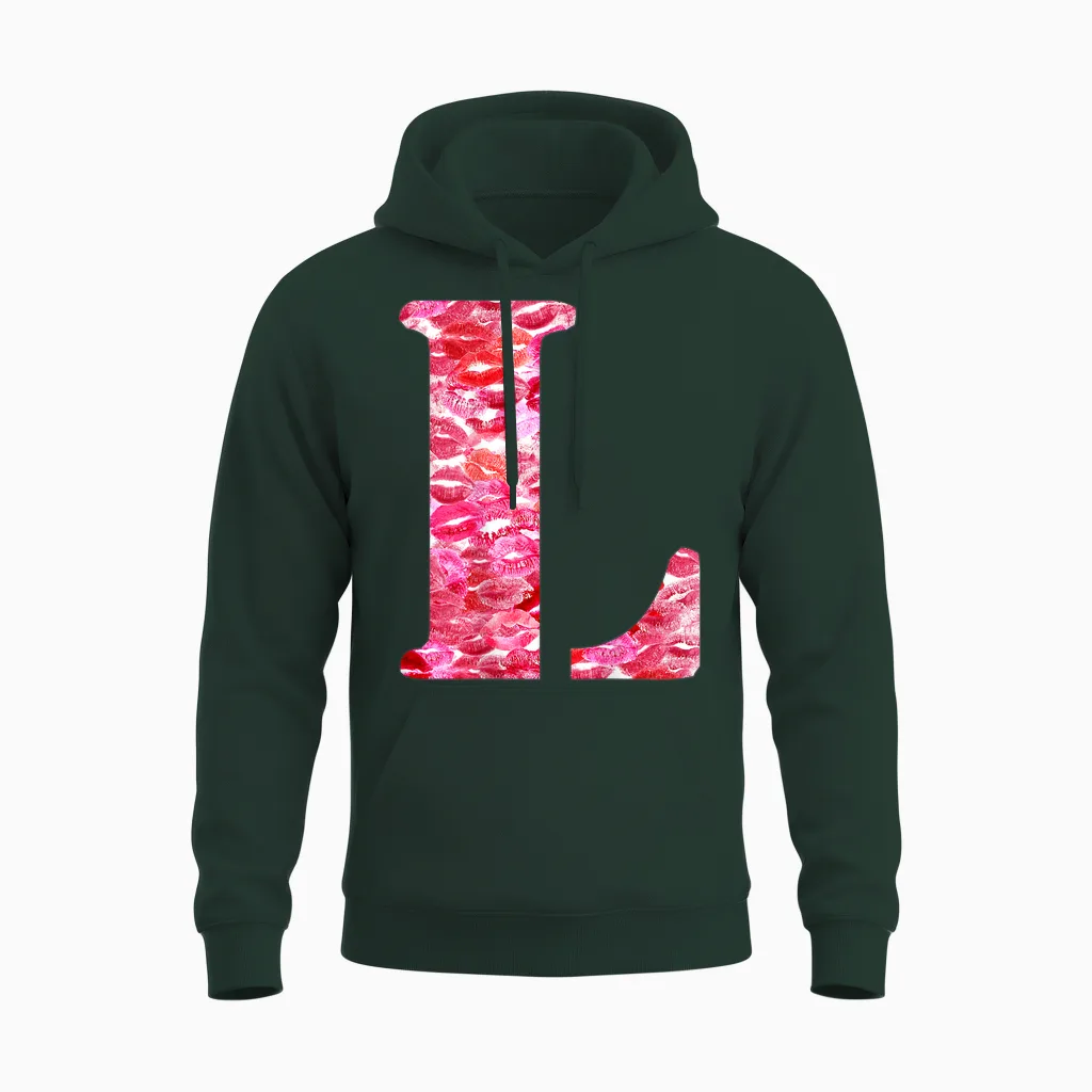 Back Print Only - Lipstick Kisses for Boyfriend Letter L T-Shirt, Black, S Unisex Hoodie in Forest