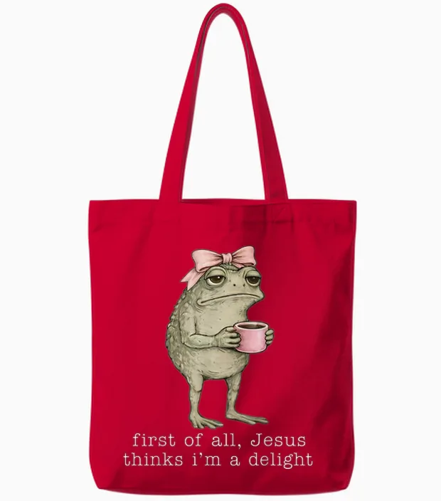 First of All Jesus Thinks I'm a Delight Funny Frog Coffee Tote Bags in Red