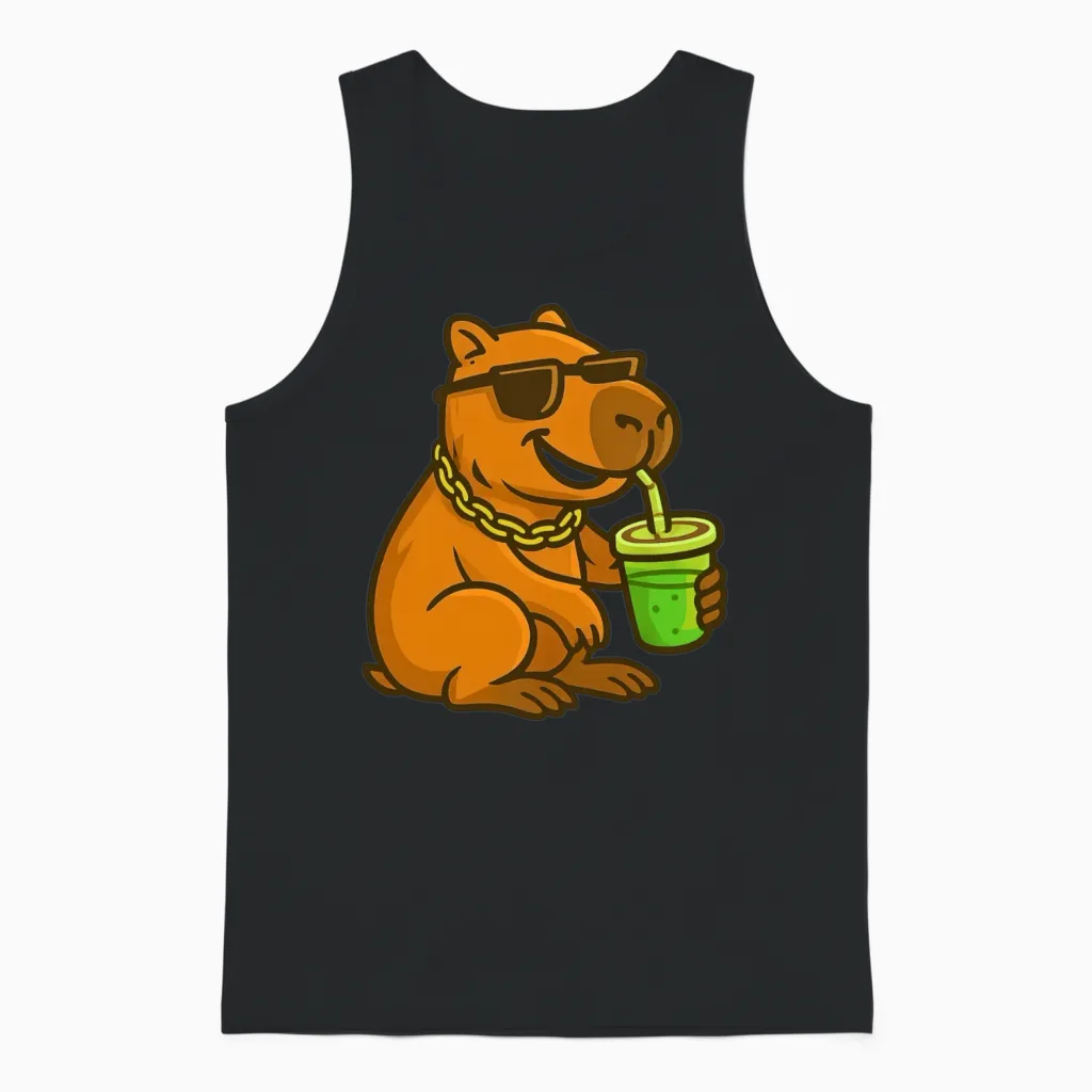 Cool Capybara Drinking Juice Cartoon Unisex Tank Top in Black