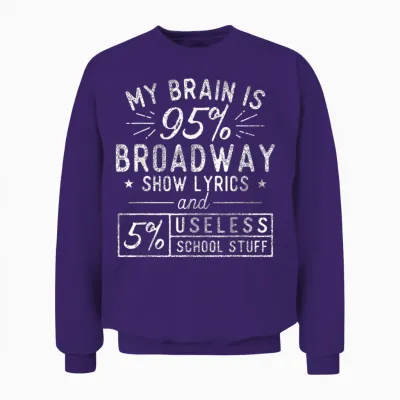 My Brain Is 95% Broadway Lyrics - Actor Theatre Musical T-Shirt Small Unisex Sweatshirt - Purple