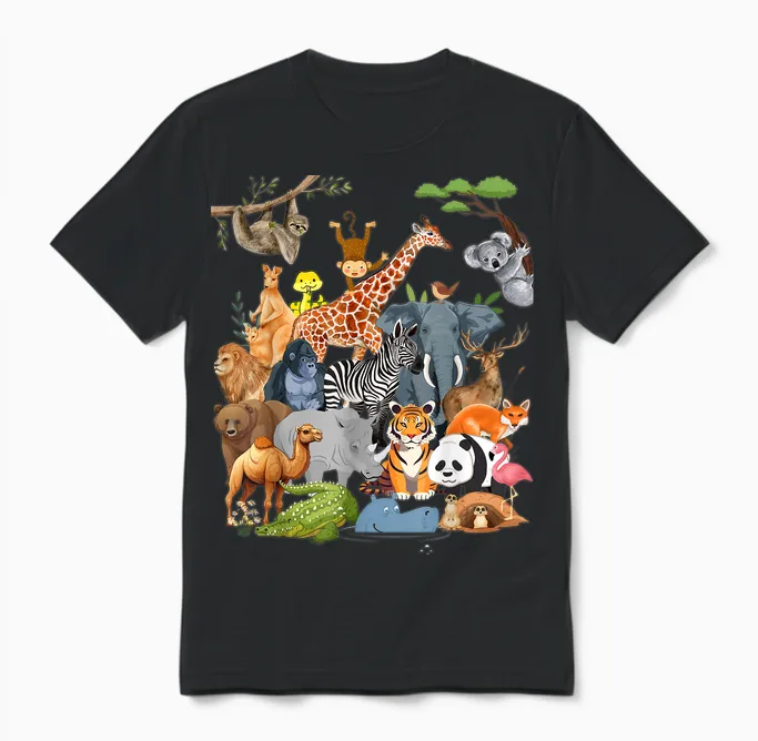 Men Women and Kids Wildlife Zoo Day Party Cute 22 Animals Unisex T-Shirt in Black