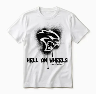 Dodge Hellcat T-Shirt with German Text "die Hölle Auf Räder, Gray Unisex T-Shirt - White