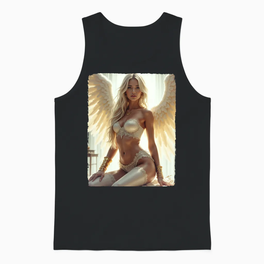 Sexy Brunette Angel Pinup Girl Long Sleeve Print Unisex Tank Top in Black