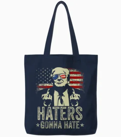 Funny Haters Gonna Hate President Donald Trump Middle Finger T-Shirt, Black Tote Bags - Navy