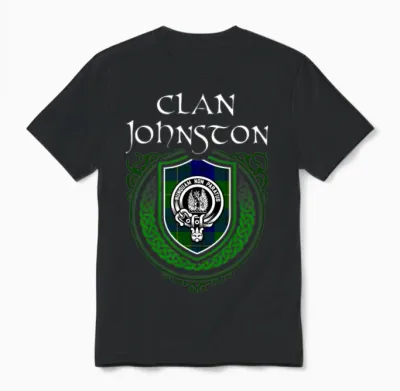 Clan Johnston Scottish Crest Badge and Tartan Unisex T-Shirt - Black