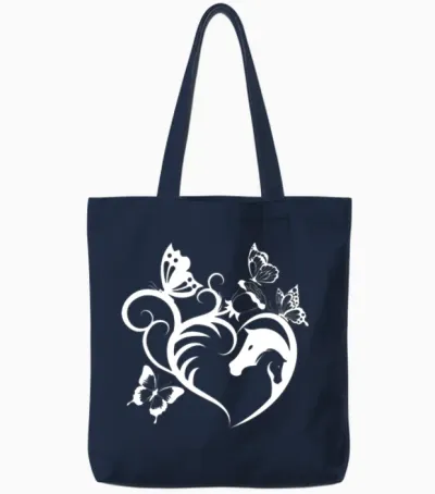 Animal Motif Horses Horse Portrait Heart Gift Tote Bags - Navy