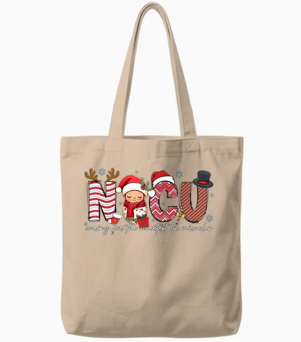 Nicu Caring for Sweetest Lil Miracles Christmas Nurse Gift Tote Bags in Natural