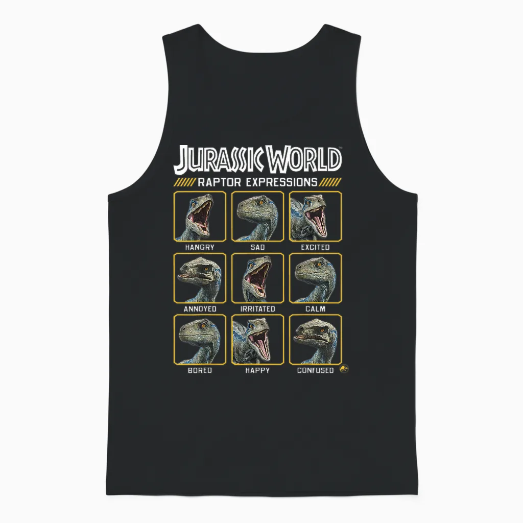 Jurassic World Two Blue Raptor Expressions Graphic Short Sleeve Unisex Tank Top in Black