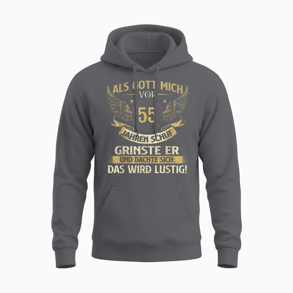 Funny "als Gott Mich Vor 55 Jahren Schuf" Birthday T-Shirt, Black Unisex Hoodie in Charcoal