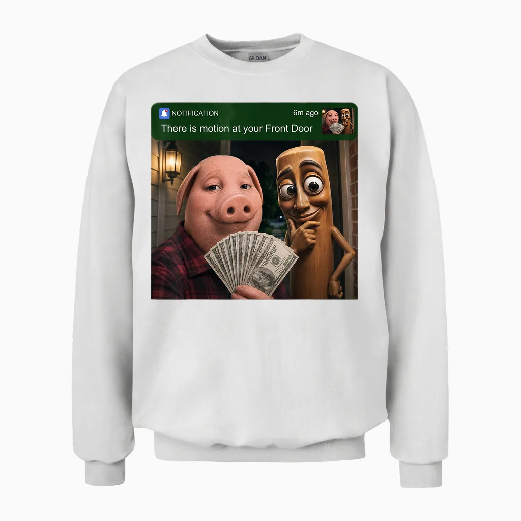 Tung Tung Tung Sahur John Pork Motion at Your Front Door Unisex Sweatshirt in White