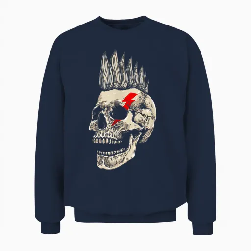 Skull Style Punk Rock with Mohawk Punk Not Dead T-Shirt, Black, S Unisex Sweatshirt - Navy