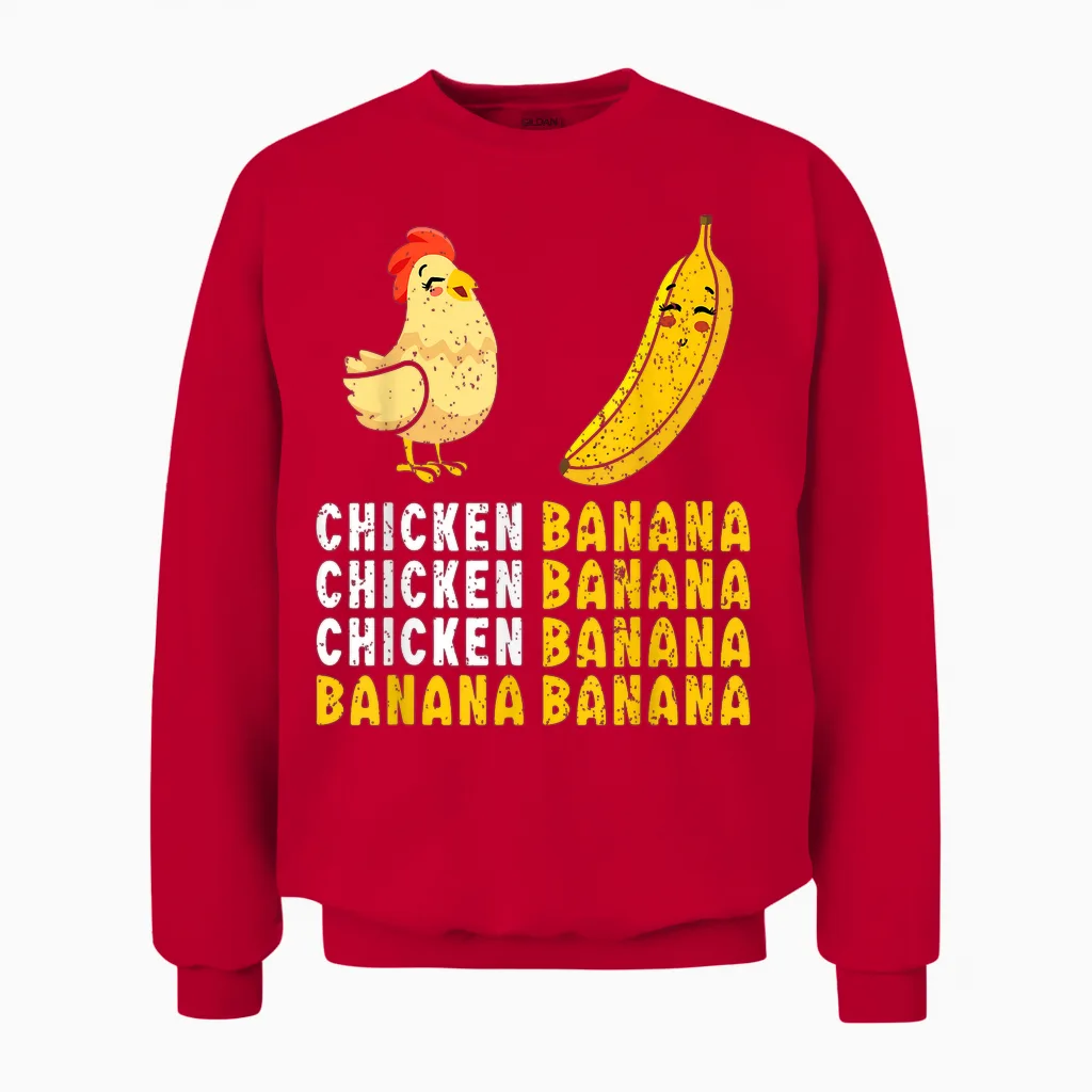 Funny Chicken Banana Dance Meme for Girls, Women, Unisex Sweatshirt in Red