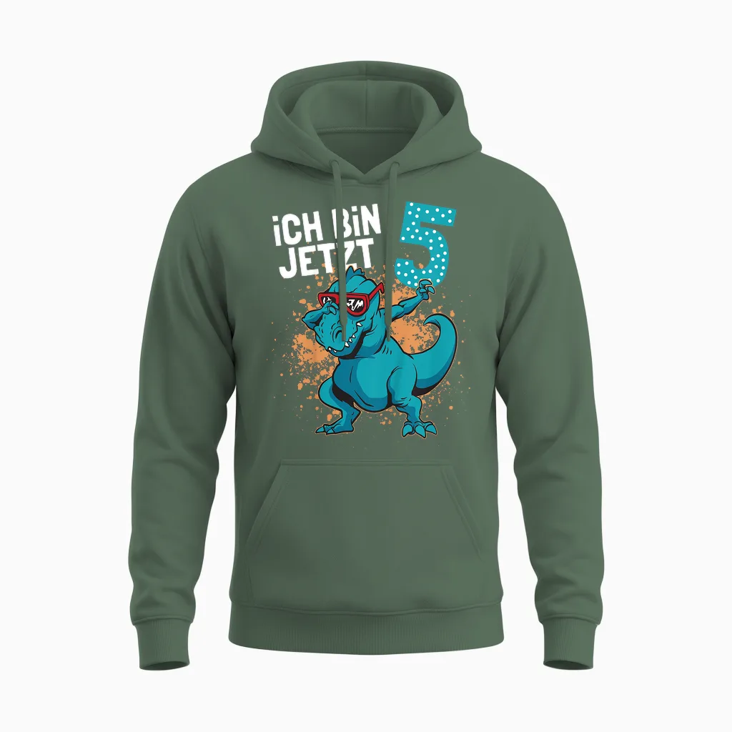 Children's Birthday Shirt 5 Years Boy Dinosaur | Dino Ich Bin 5 T-Shirt, Black Unisex Hoodie in Military Green