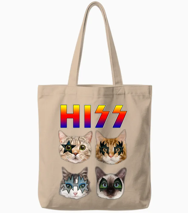 Hiss Funny Cats Kittens Rock Rockin Short Sleeve T-Shirt Gift Tee Pun Tote Bags in Natural