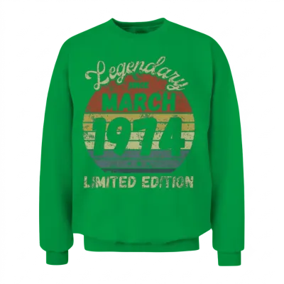 March 1974 - Vintage Birthday Present Unisex Sweatshirt - Irish Green