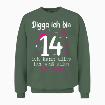 14th Birthday Girl Digga I Am 14 Years Teenager Unisex Sweatshirt - Military Green