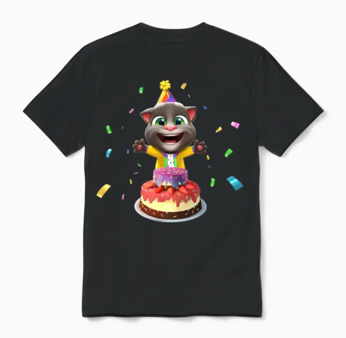 Talking Tom Birthday Cake Unisex T-Shirt in Black
