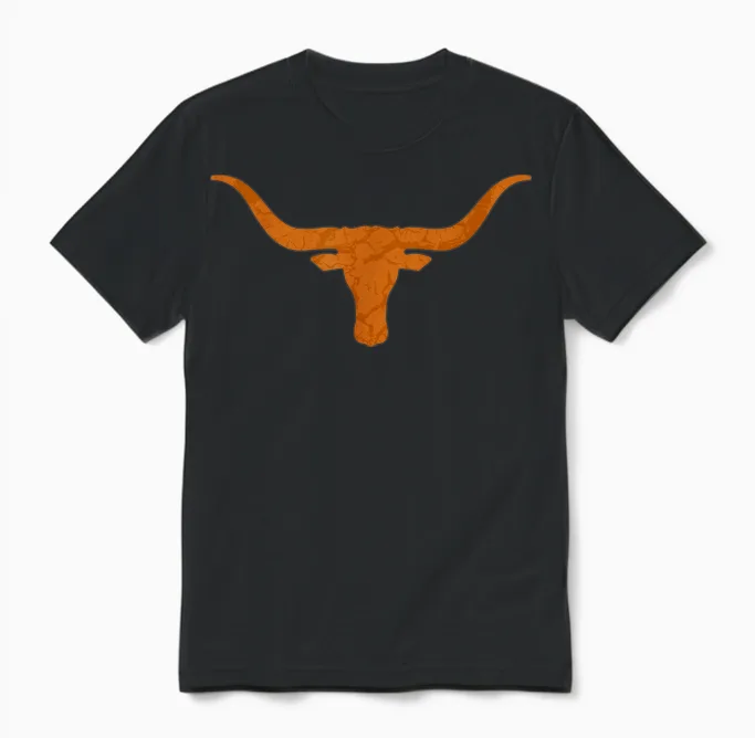 Hook'em Horns Bull with Vintage Distressed Long Horn Unisex T-Shirt in Black