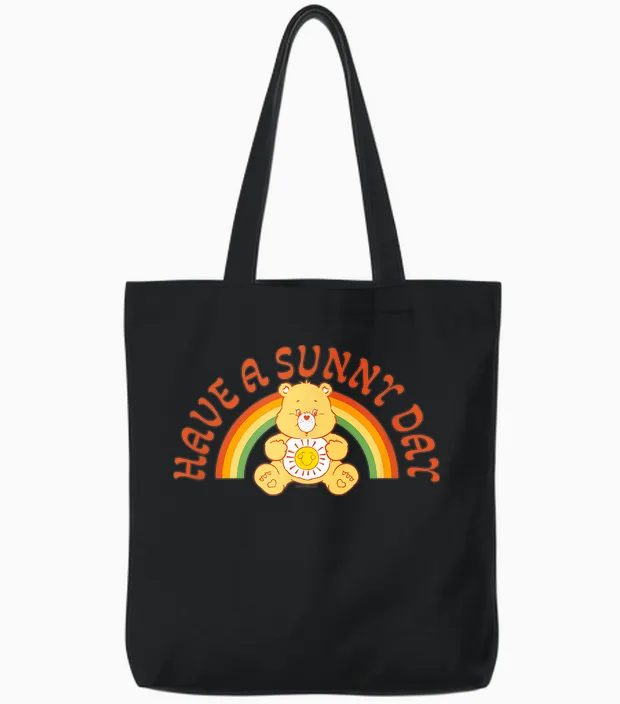 Care Bears Funshine Bear Have a Sunny Day Retro Rainbow T-Shirt, Black, S Tote Bags in Black