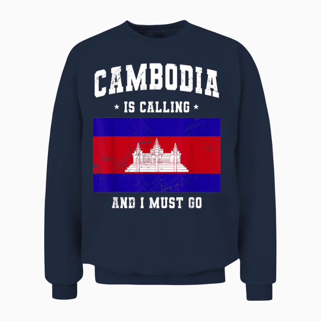 Cambodia Is Calling and I Must Go - Cambodia Travel Clothing T-Shirt, Black, S Unisex Sweatshirt in Navy