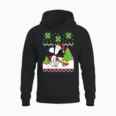 Peanuts Santa Snow Snoopy and Woodstock Unisex Hoodie - Black
