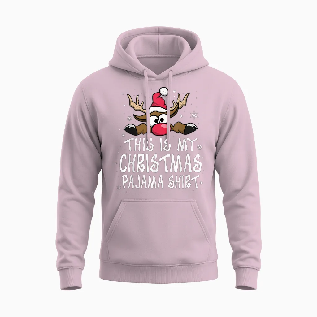 This Is My Christmas Pajama Shirt Funny Christmas Reindeer Unisex Hoodie in Light Pink