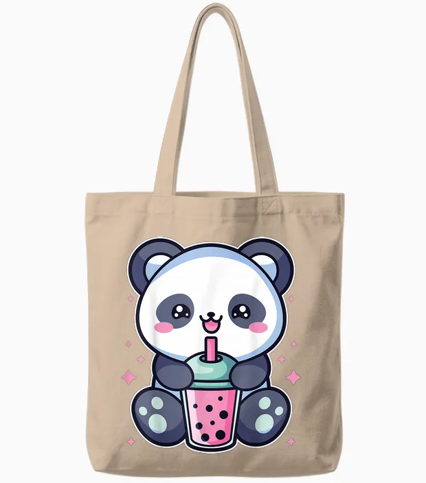 Panda Drinks Bubble Boba Tea Anime Manga Kawaii Outfit for Girls T-Shirt, White, S Tote Bags in Natural