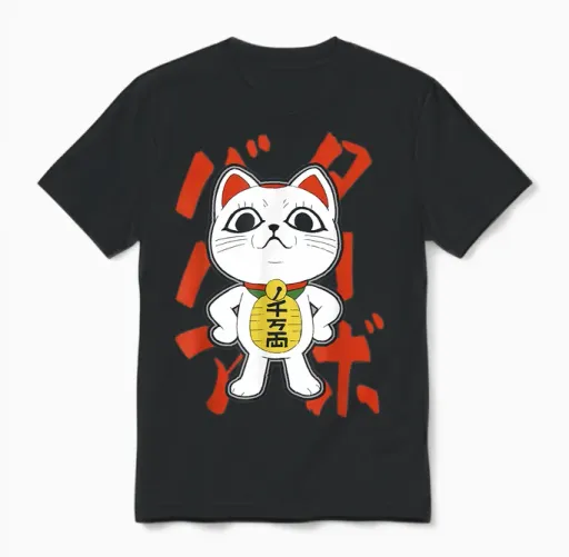 Dan Da Dan Turbo Granny Lounging Lucky Cat with Kanji Anime Unisex T-Shirt in Black