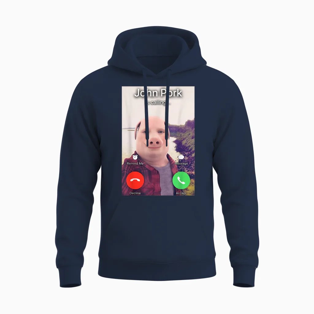 John Pork Is Calling T-Shirt, Black Unisex Hoodie in Navy
