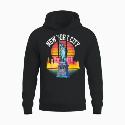 New York City Art Liberty Island Landmark T-Shirt, Black, S Unisex Hoodie - Black