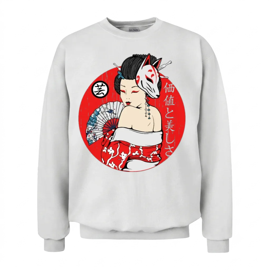 Maiko Geisha Girl Kitsune Mask Japanese Aesthetic Unisex Sweatshirt - White