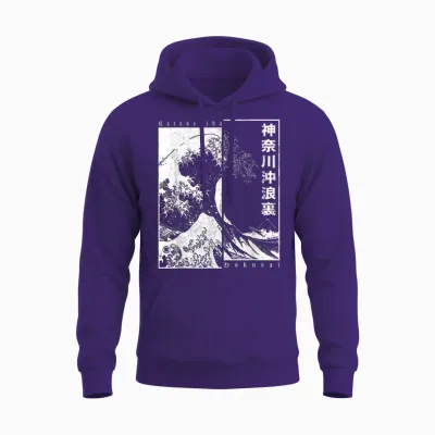 Japanese Otaku Motifs Japan Style Katsushika Hokusai the Great Wave off Kanagawa T-Shirt for Japan Fans, Anime Fans, Unisex Half Sleeve T-Shirt, Black, Small Unisex Hoodie - Purple
