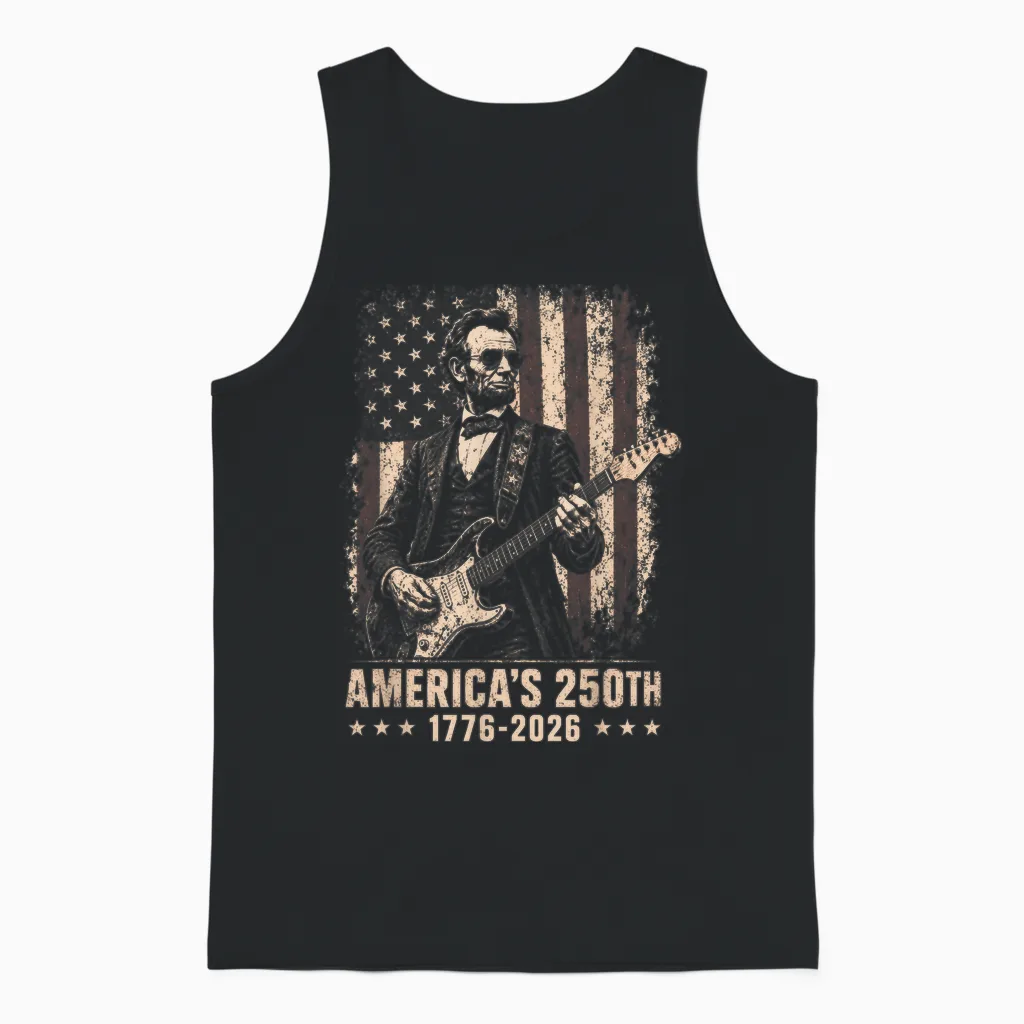 Abraham Lincoln Playing Guitar 4th July 250th Anniversary Unisex Tank Top in Black