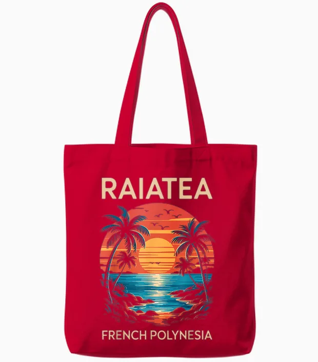 Coucher De Soleil Tropical Et Palmiers, Fun Raiatea Polynésie Française Tote Bags in Red