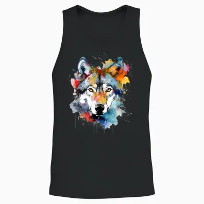 Wolfskopf Aquarell T-Shirt Damen Schwarz Small Eu 38 V-Ausschnitt Kurzarm Klassische Passform Baumwolle 50% Polyester 50% Tierdruck Wildnis Einzigartiges Wolf-Design 1 Count Unisex Tank Top - Black
