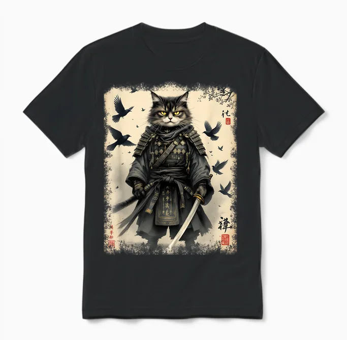 Samurai Cat, Japanese Warrior | Vintage Anime and Samurai Art T-Shirt, Black, S Unisex T-Shirt in Black