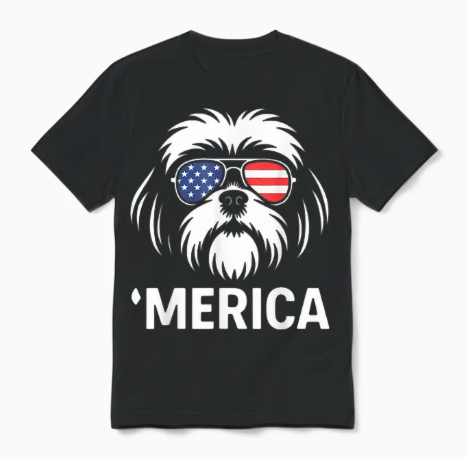 Shih Tzu Dog 'merica Patriotic 4th of July American Unisex T-Shirt in Black