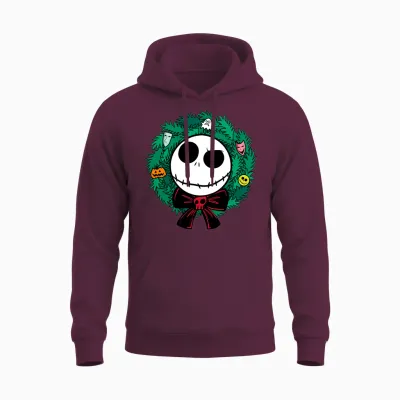 Amazon Essentials Nightmare Before Christmas Jack Festive Holiday Wreath Unisex Hoodie - Maroon