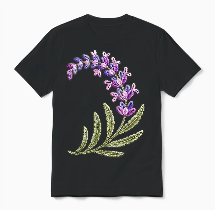 Stitches Embroidery Art Lavender Flowers Unisex T-Shirt in Black