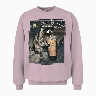 Raccoon Drinking Iced Coffee Funny Animal Meme Men Women Unisex Sweatshirt - Light Pink