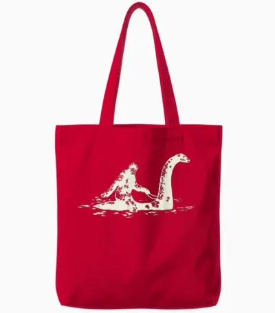 Bigfoot Sasquatch Riding the Loch Ness Monster Funny,short Sleeve Tote Bags - Red