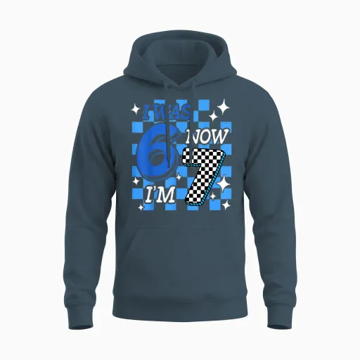 Blue Checkered I Was 6 Now I'm 7 Birthday Boy Bday Unisex Hoodie - Dark Heather