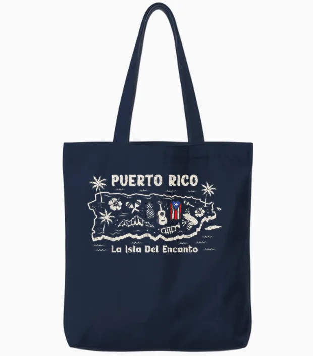 Puerto Rico La Isla Del Encanto Puerto Rican Flag Retro Tote Bags in Navy