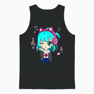 Anime and Music Girl for Teen Chibi Graphic Anime Girl T-Shirt Small Unisex Tank Top - Black